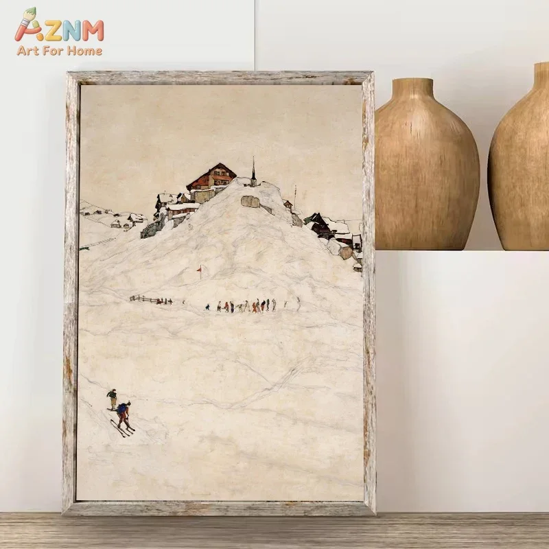 AZNM Vintage Ski Town Canvas Print, Retro Snow Mountain Village Skiing Sketch Art Unframed Canvas Painting, Winter Cabin Wall Ar