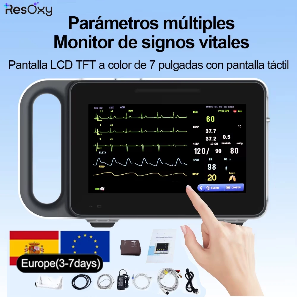 Monitor de signos vitales médico Resoxy, monitor de paciente portátil recargable con pantalla táctil, ECG, RESP, NIBP, TEMP, FC,