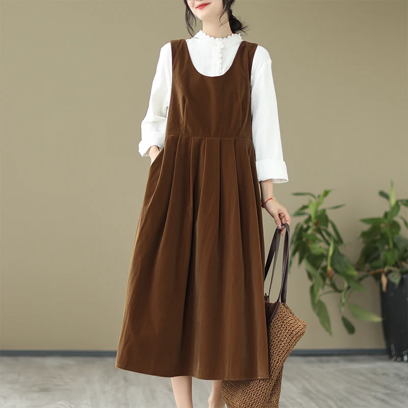 Retro Hong Kong Sle Werkkleding Corduroy Dr Dames plus maat losse knoop lange rok Faionable Spring Dr