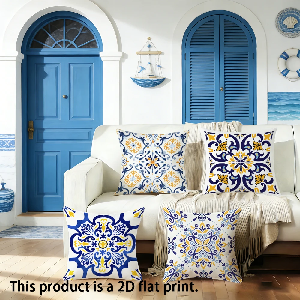 1pc  Bohemian Floral Tile Print Throw Pillow Covers, Mediterranean Style Decorative Cushion Cases for Home Sofa Bedroom