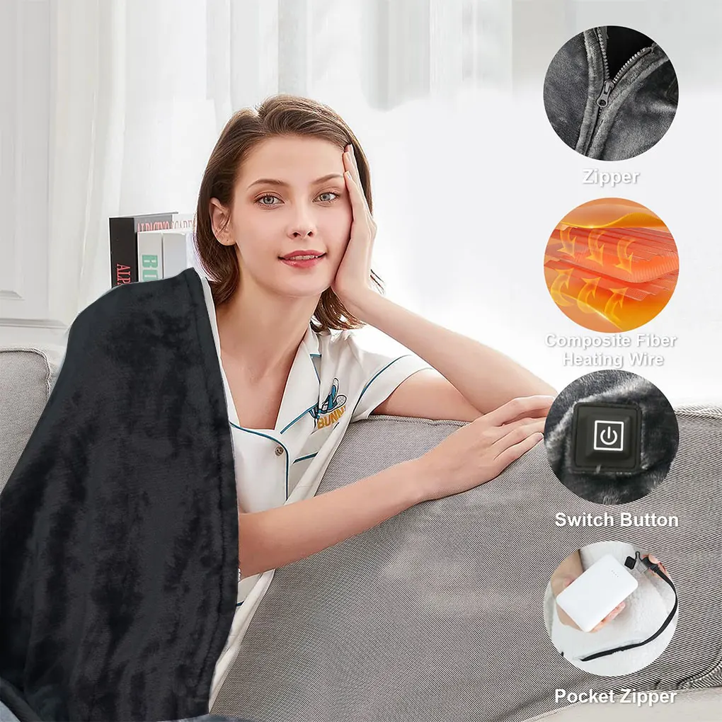 Enjoy Portable And Adjustable Heat Battery Operated Heated Blanket Power Bank Battery Heated Blanket grey 150*85CM