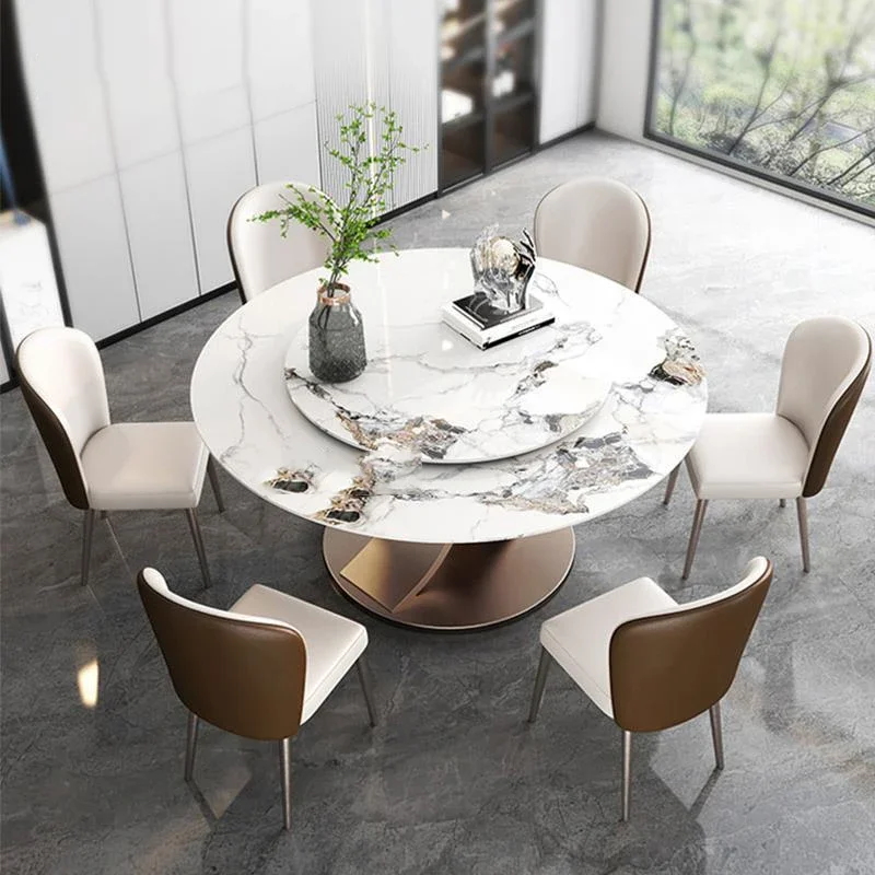 Round Dining Tables With Rotating Turntable Luxury White Food Table Made Of Marble Modern Kitchen Furniture Set
