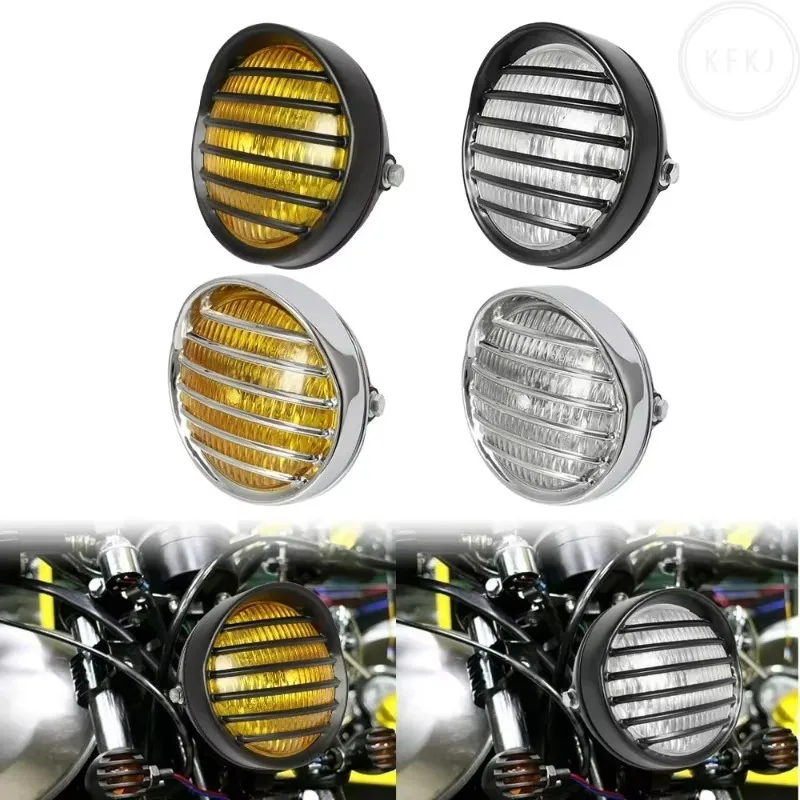 

Retro Motorcycle Headlight 35W Halogen Bulb Motorbike Headlamp Round Mesh Grille Spotlight Universal For Harley Chopper Hot