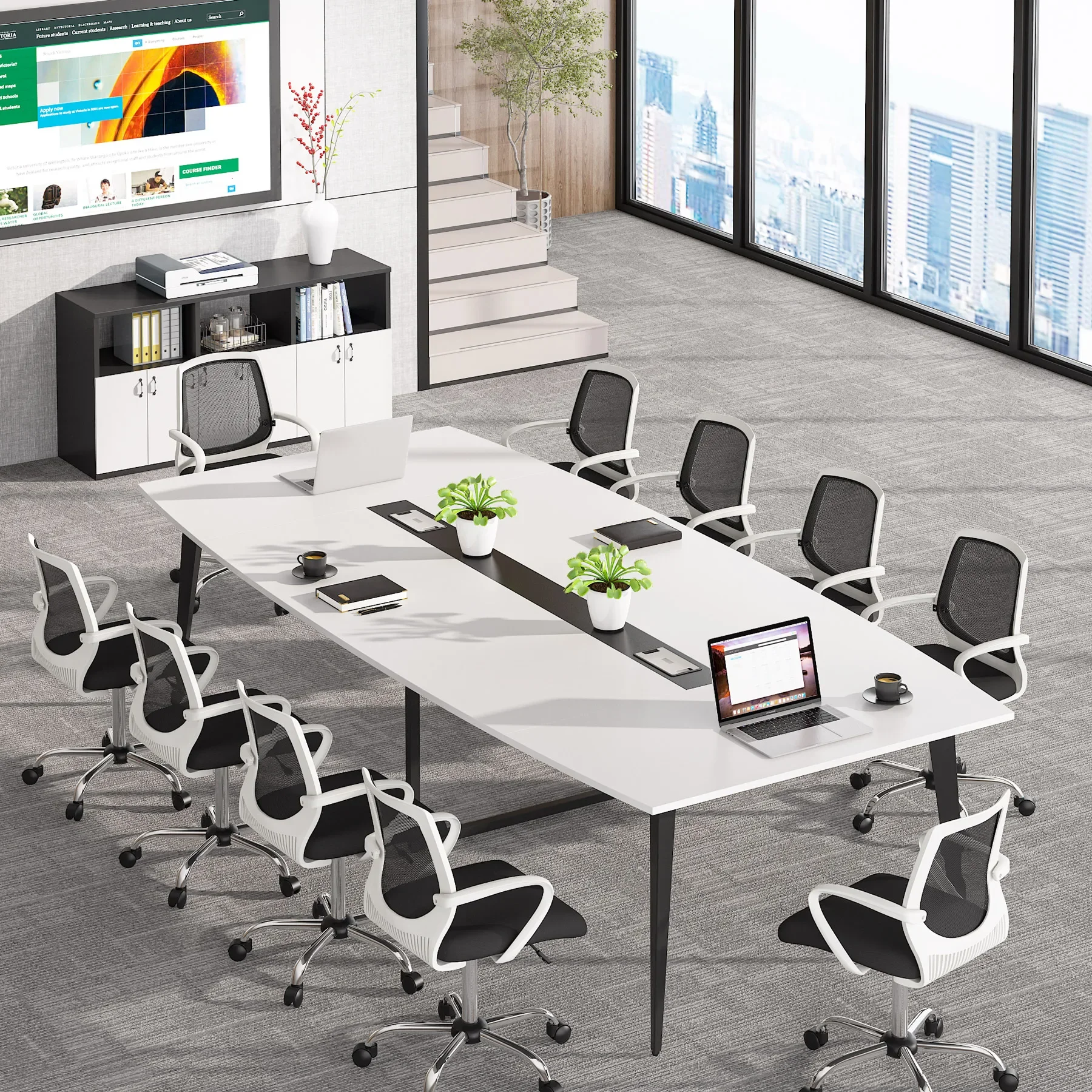 Tribesigns 8FT Conference Table, 94.48L x 47.24W x 29.52H Inches Large Boat Shaped Meeting Seminar Table with Cable Grommets