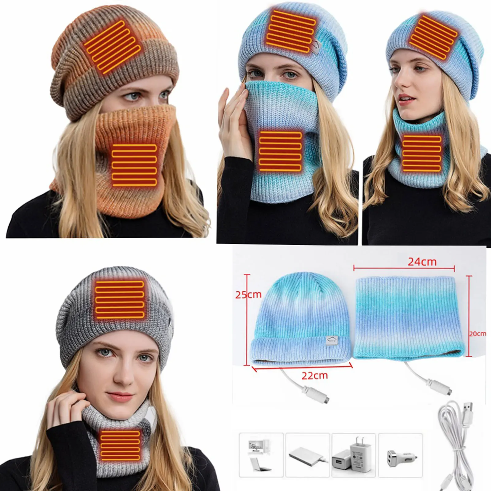 Gorro con calefacción eléctrica USB y calentador de cuello para mujer, conjunto de gorro de esquí grueso de punto suave y transpirable, para Navidad