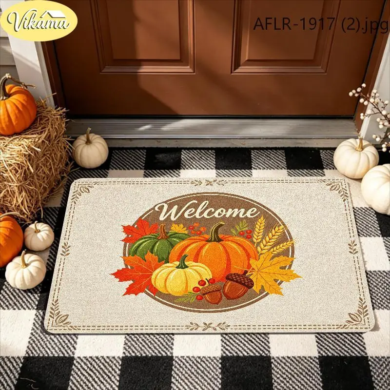 VIKAMA Fall Welcome Doormat Pumpkin Wreath Maple Leaves Acorns Autumn Entryway Rug Front Porch Thanksgiving Decor