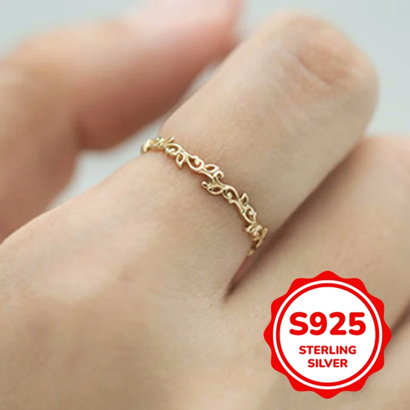 S925 authentic sterling silver gold-plated hollow branch ring for women fashion elegant retro exquisite simple daily classic
