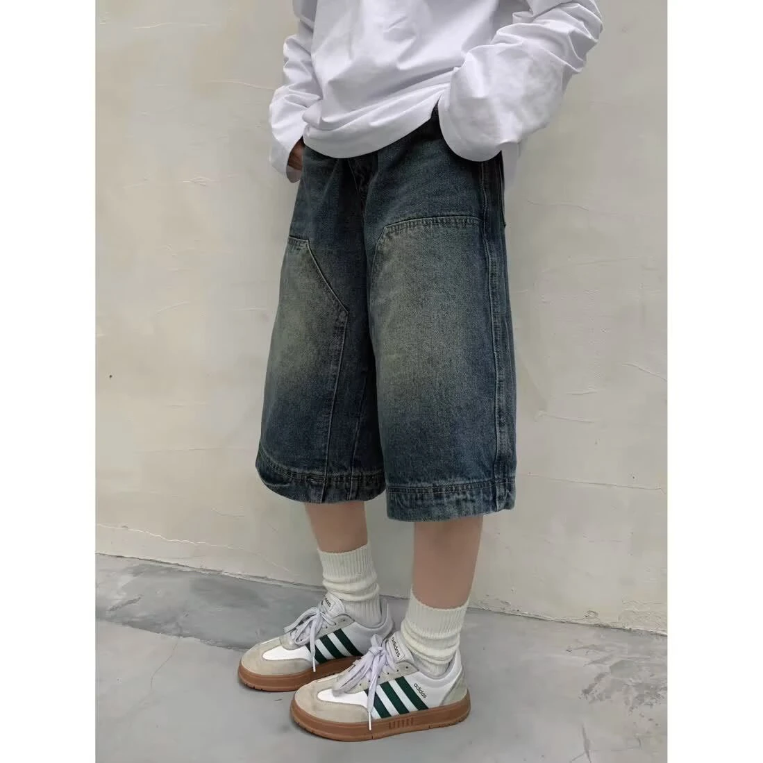 

Retro American Washed Denim Shorts Unisex Summer Trendy Casual Loose Over-Knee Seven-Quarter Pants Straight Leg Loose Fit