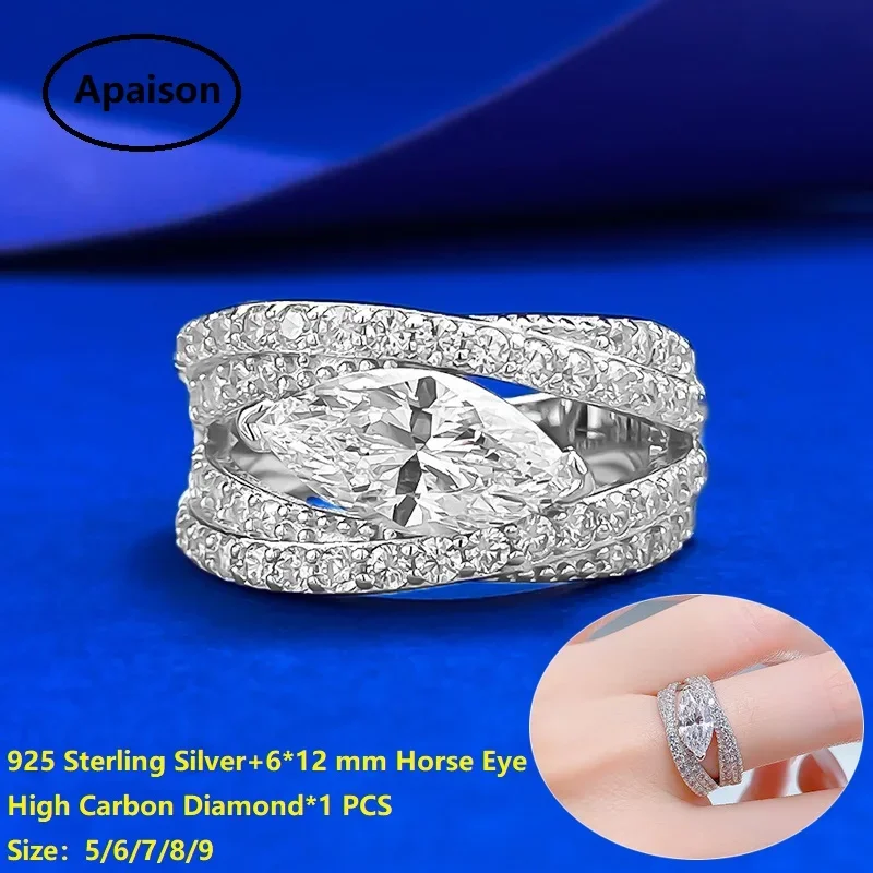 

Apaison 6*12 mm Horse Eye High Carbon Diamond Ring Bridal Wedding Party 925 Sterling Silver Jewelry Rings For Women Gift
