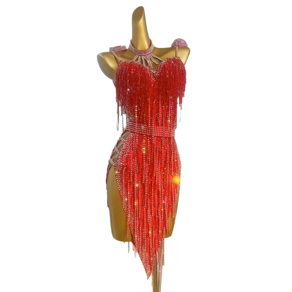 Latin Dance Costume Rhinestone Women's High-end Custom Red Crystal Tassel Tailcoat Suspender Samba Performance Dress