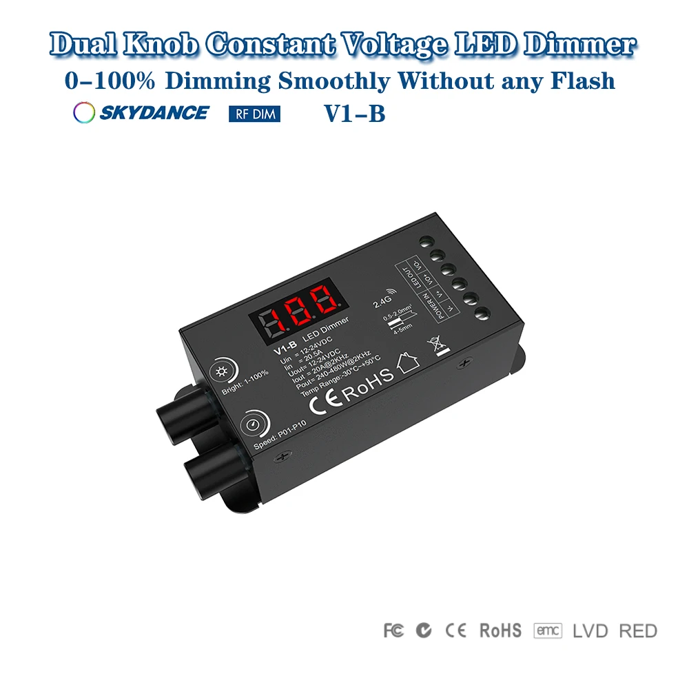 

Skydance V1-B DC12-24V Dual Knob Dim With Digital Display PWM Adjustable Frequency 2.4GRF Controller For Single Color LED Strip