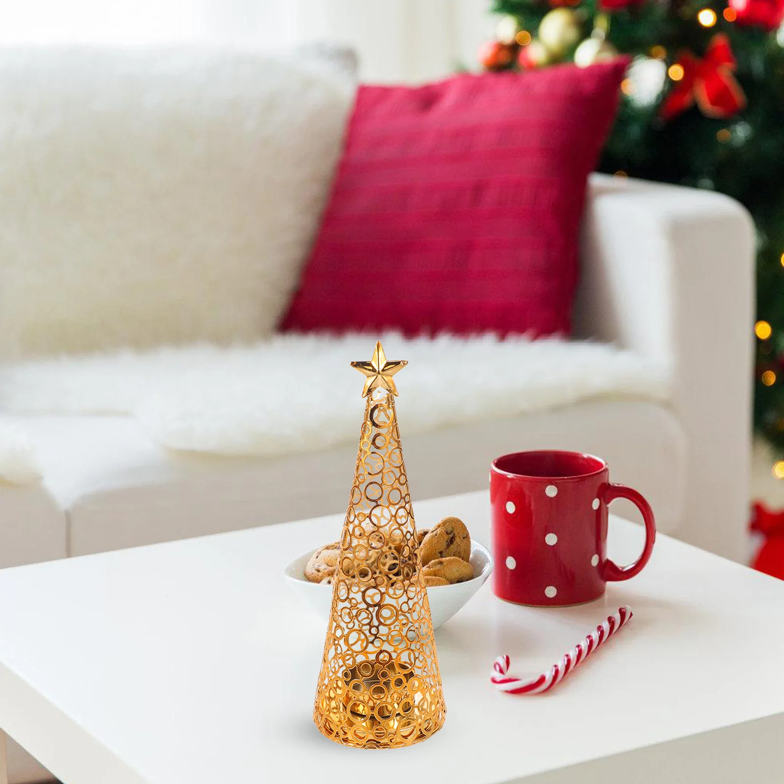 

Metal Xmas Tree Holder Hollow Round Cup Pillar Stand Holiday Mantle Fireplace Centerpiece Decor Tree Candlesticks