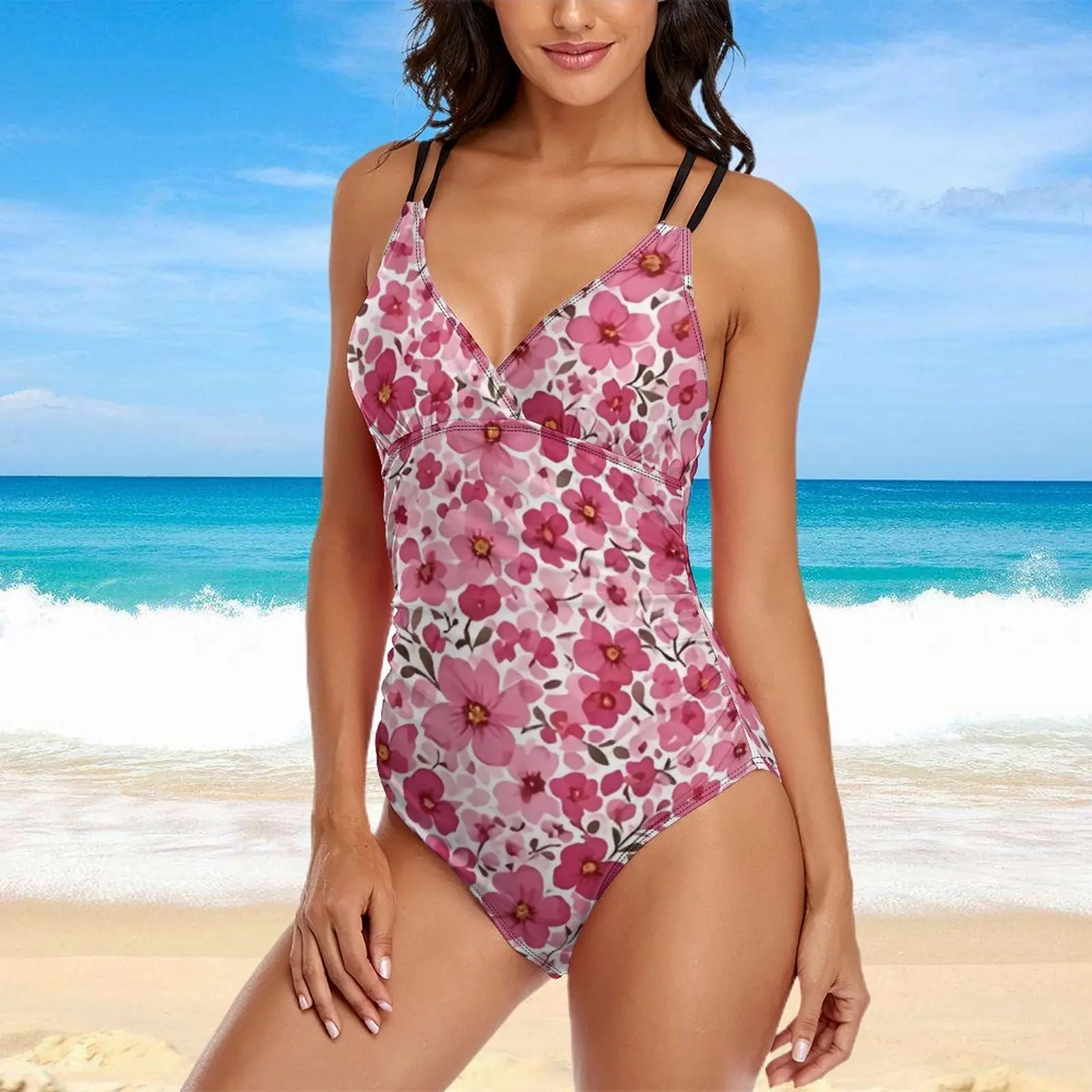

New 2026 women's pink floral print cute and sexy one-piece swimsuit with adjustable shoulder straps