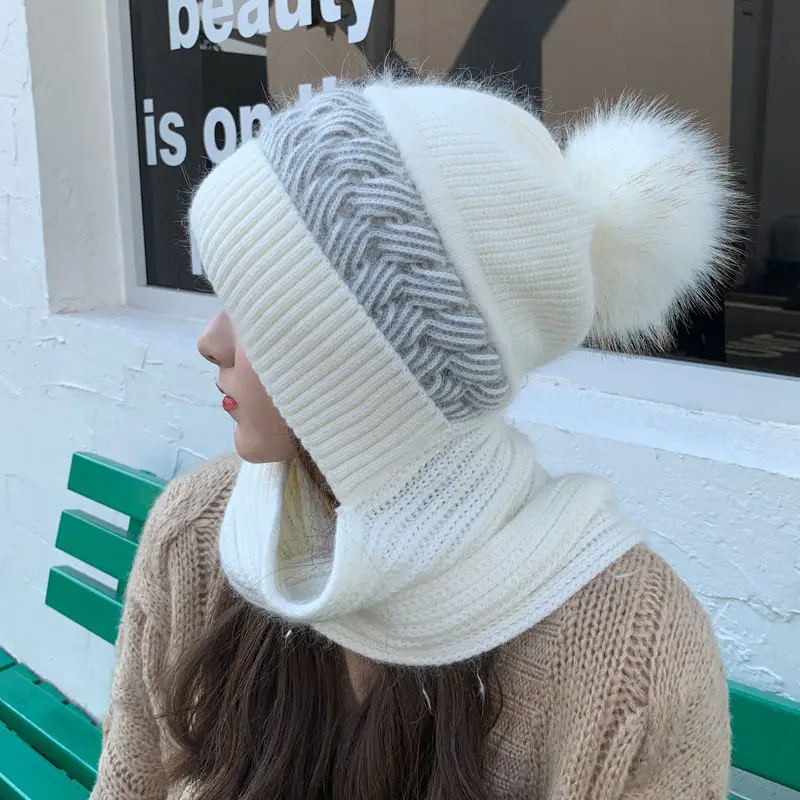 

Winter Warm Beanies Hat for Women's Hat Scarf Rabbit Hair Blend Knitted Hat for Women Double Layers Protection Caps