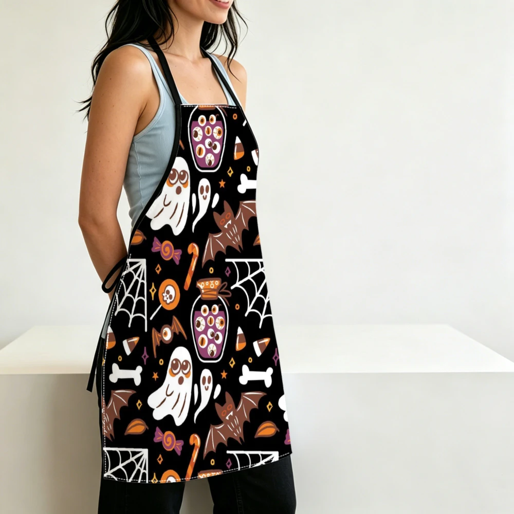 Cute Halloween Style Apron Ghost Bat Candy Pattern Kitchen Aprons Cooking Baking Party Wear Adjustable Bibs