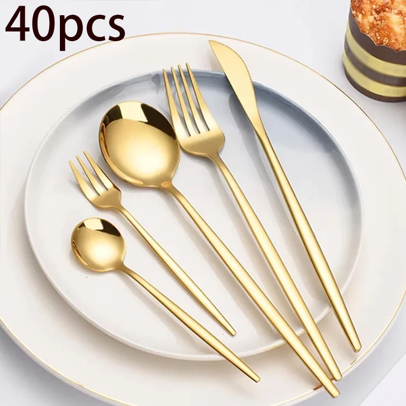 

Набор столовых приборов из нержавеющей стали из 40 предметов, роскошный золотой набор: вилки для десертов и фруктов, десертные ложки, кухонные ножи и вилки-ложки.