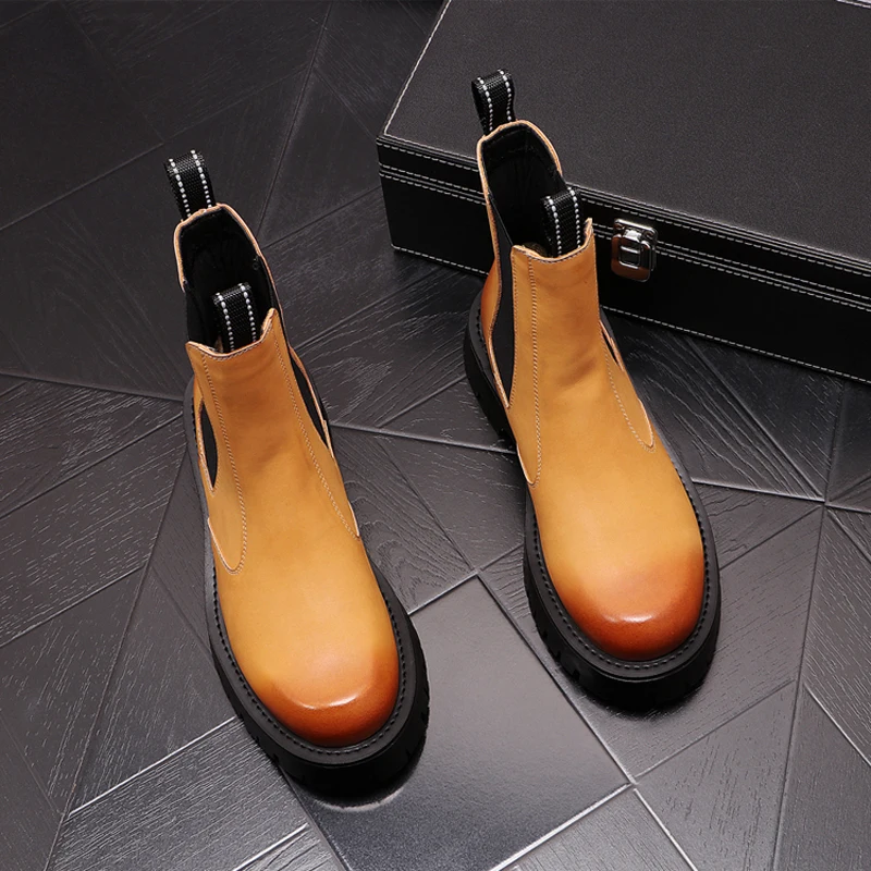 men luxury fashion stage nightclub dress high chelsea boots orange original leather shoes cowboy platform boot motorcycle botas