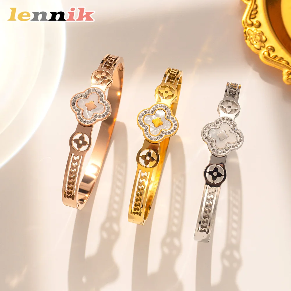 LENNIK European-American Fashion Luxury White Mother of Pearl Four-Leaf Clover Cutout Titanium Steel Bracelet, Perfect Gift