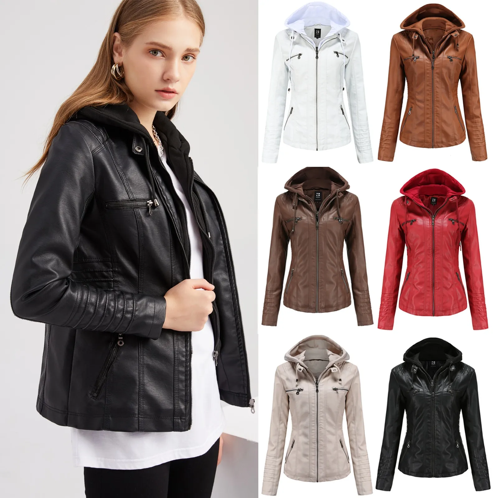 Veste de motard en cuir PU pour femme, manteau à capuche zippé, coupe couvertes, manches longues en Y, Streetwear, automne, hiver