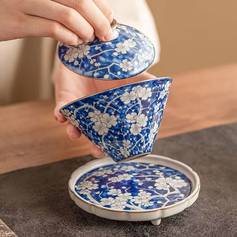 

Имитация печи династии Сун Ретро синий ледяной сливовый цвет бамбуковая шляпа крышка чаша чайная чаша с крышкой одиночный высококачественный чайный сервиз