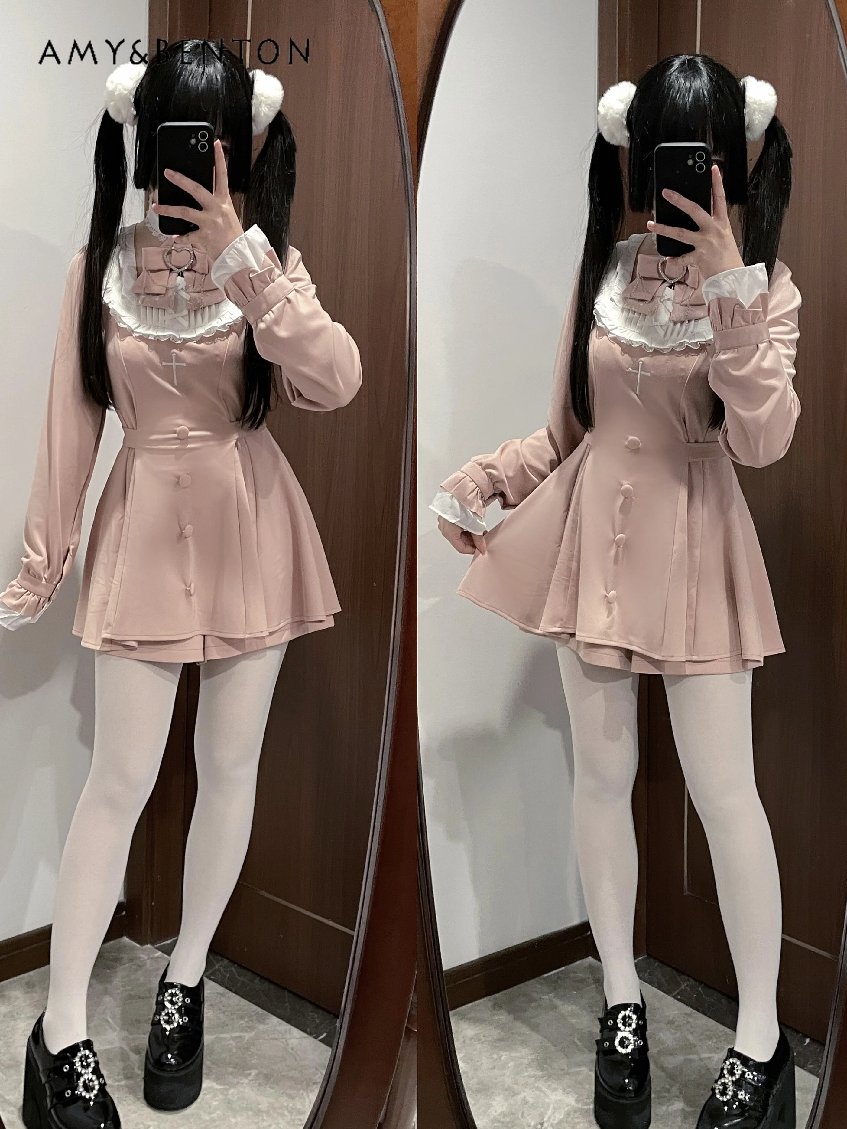 Japanese Mine Mass-Produced Lace Embroidered Bow Long Sleeve Dress Shorts Two-Piece Sets Women Spring New Lolita Liz Outfits