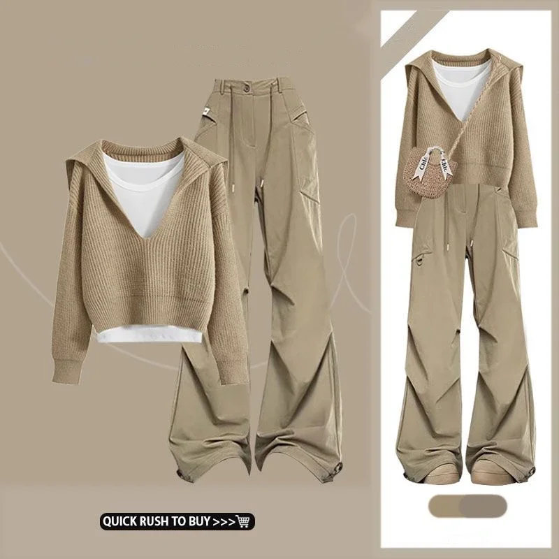 Spring Autumn Women Fashion Short Sweater Pullover Vest Wide Leg Pants Sets Lady Falls New Casual Knitted Tops Trousers Outfits