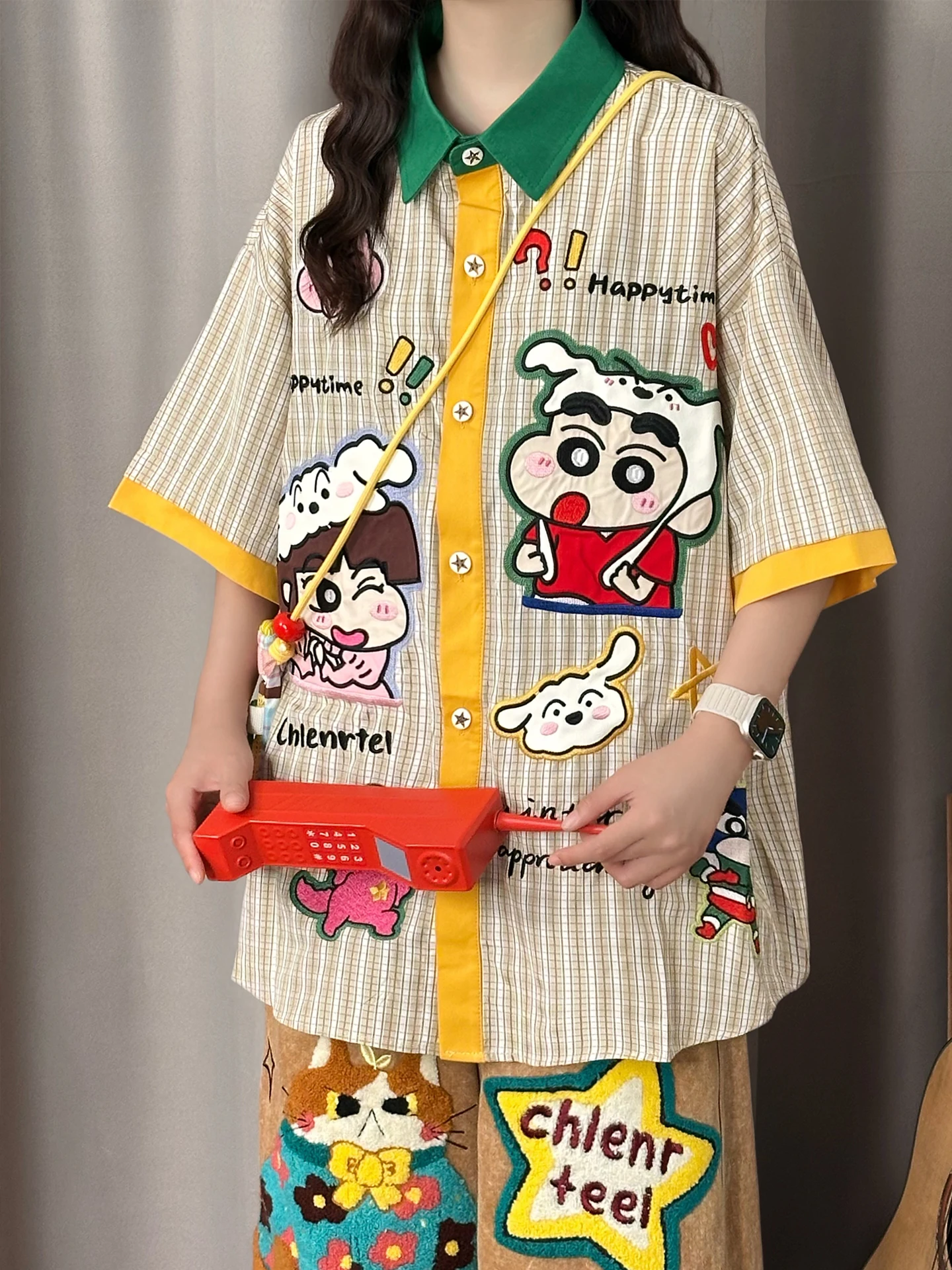 

SOLDOUT Original American Retro Cartoon Color Block Embroidery Short Sleeve Loose Casual Top for Women Summer Trendy Shirt