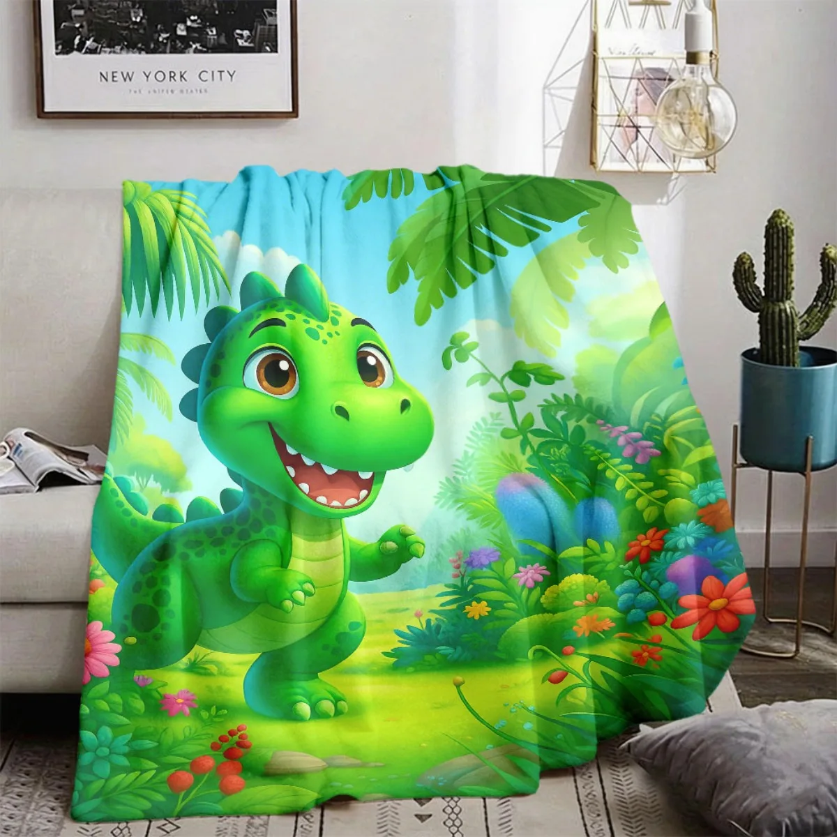 Cute Cartoon Baby Dinosaur Flannel Throw Blanket, Kids Jungle Floral Green Dino Soft Warm Blanket for Sofa Bed Home Decor Gift