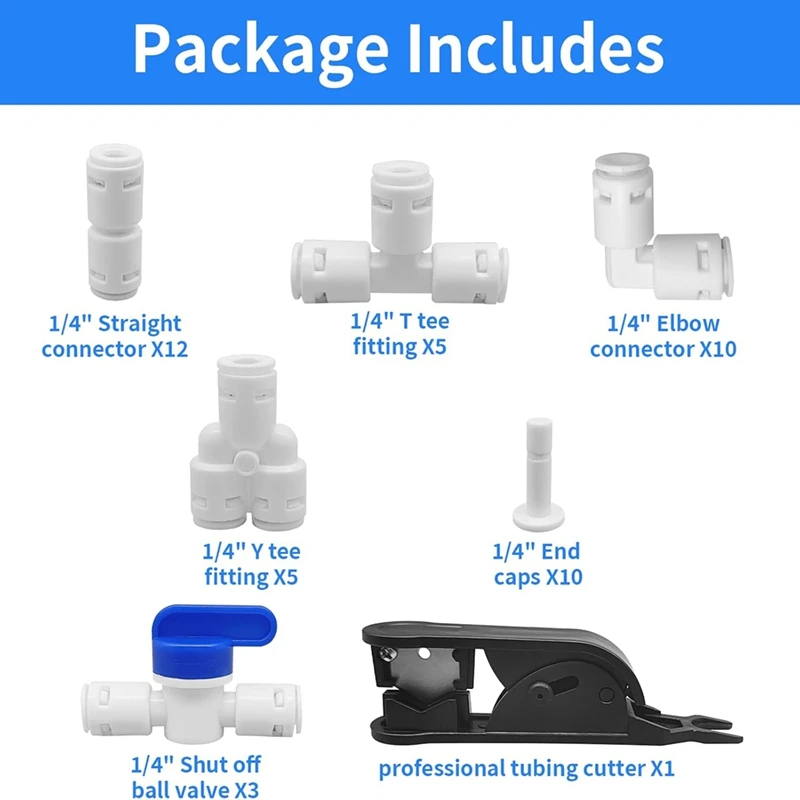 HLZS-Water Tube Fittings Kit,1/4Inch OD Quick Connect Push To Connect Fittings For RO/DI Water Filter System