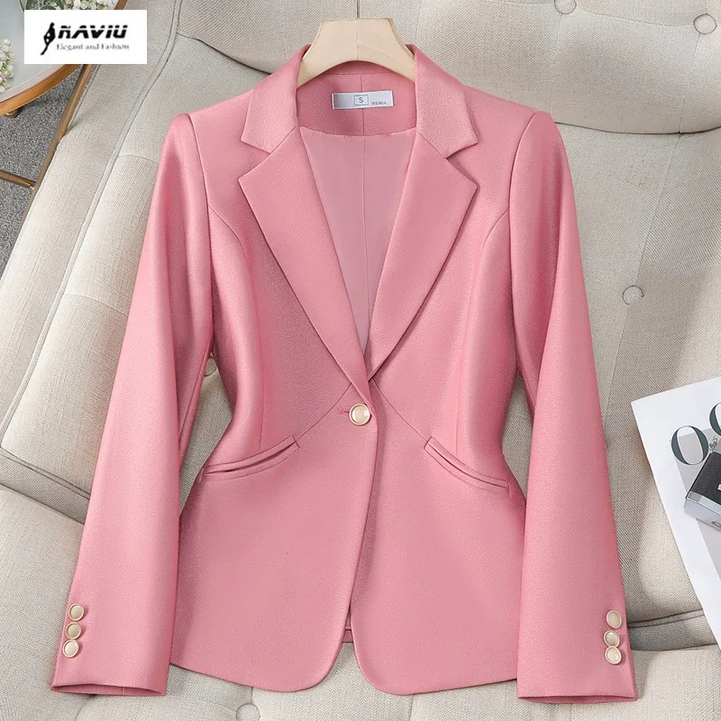 NAVIU 2025 New Spring Pink Blazer Women Fashion Temperament Casual Long Sleeve Professional Jacket Office Ladies Work Coat Black