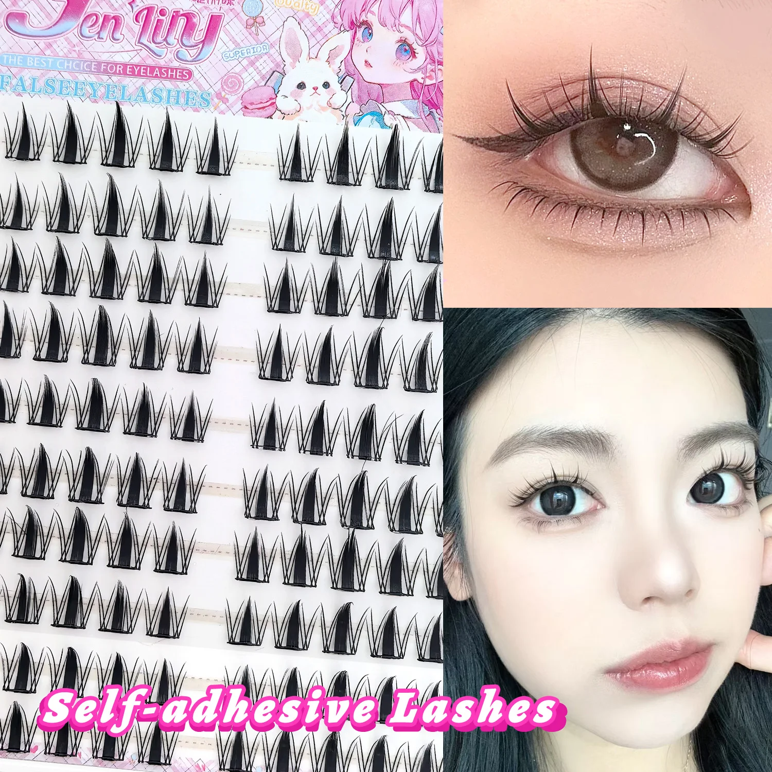 100 pezzi di ciglia finte senza colla Little Rabbit, facili da applicare, adatte ai principianti, riutilizzabili, morbide e confortevoli per il trucco quotidiano