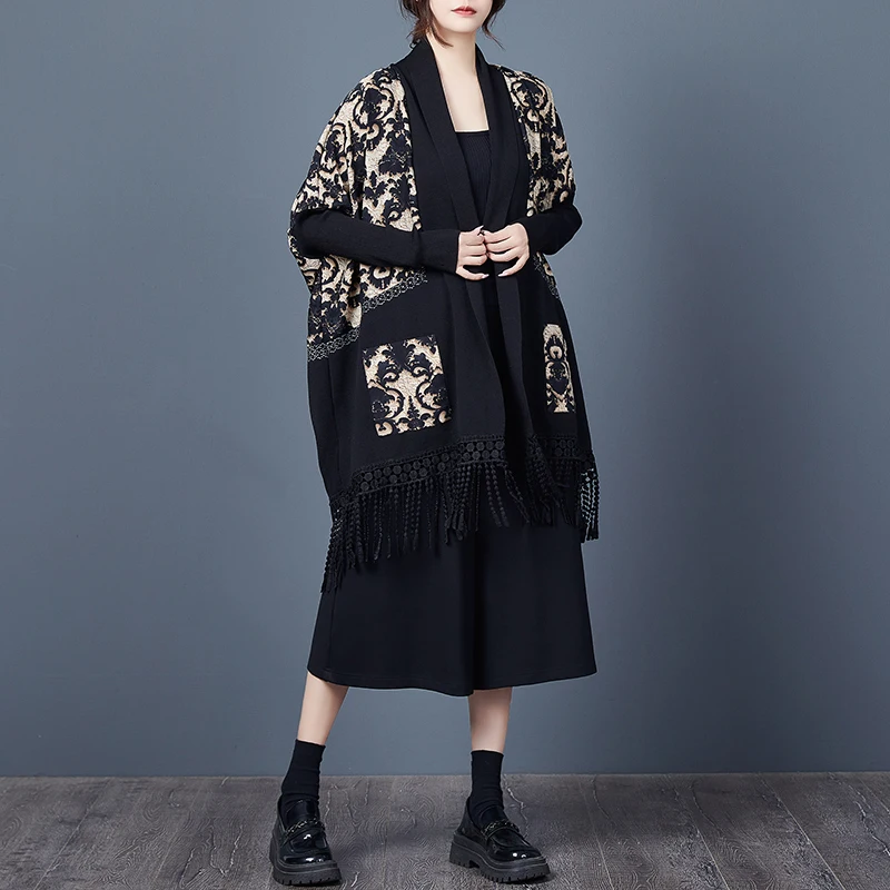 #6923 Autumn Winter Black Vintage Knitted Ponchos And Capes Women Batwing Sleeve Asymmetrical Knitwear Ponchos Cardigan Kimono