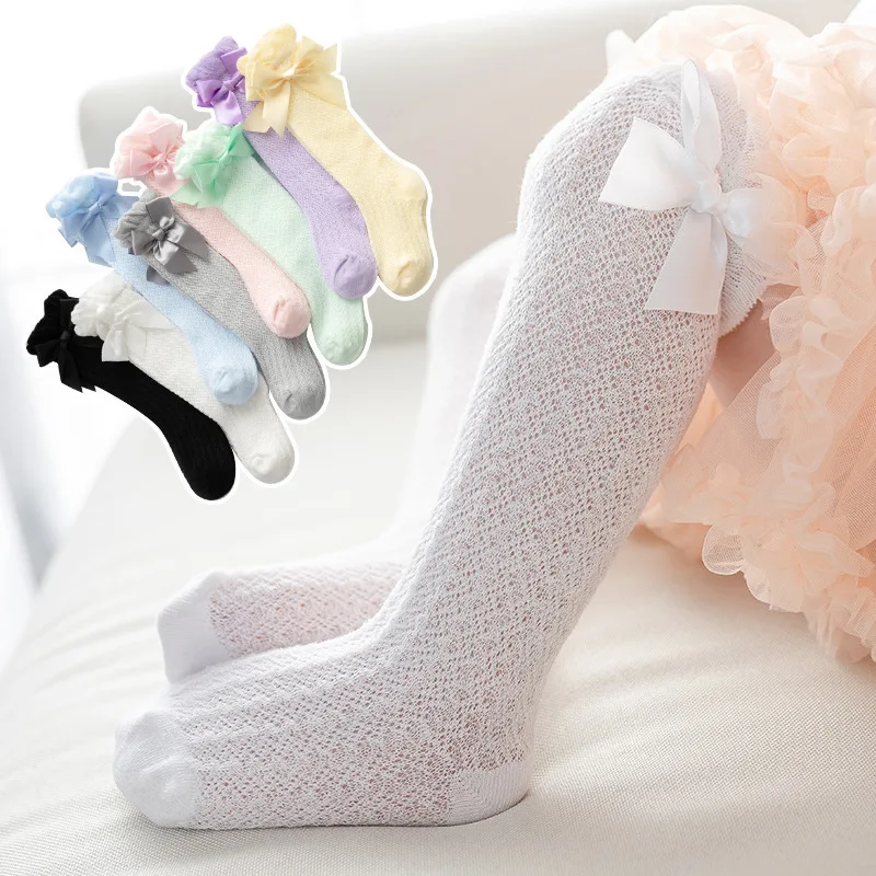 0-4 Year For Baby Girls Socks Summer Kids Knee High Long Sock Children Bow Tie Out Cotton Mesh Socks Infant Thin Soft Solid Sock