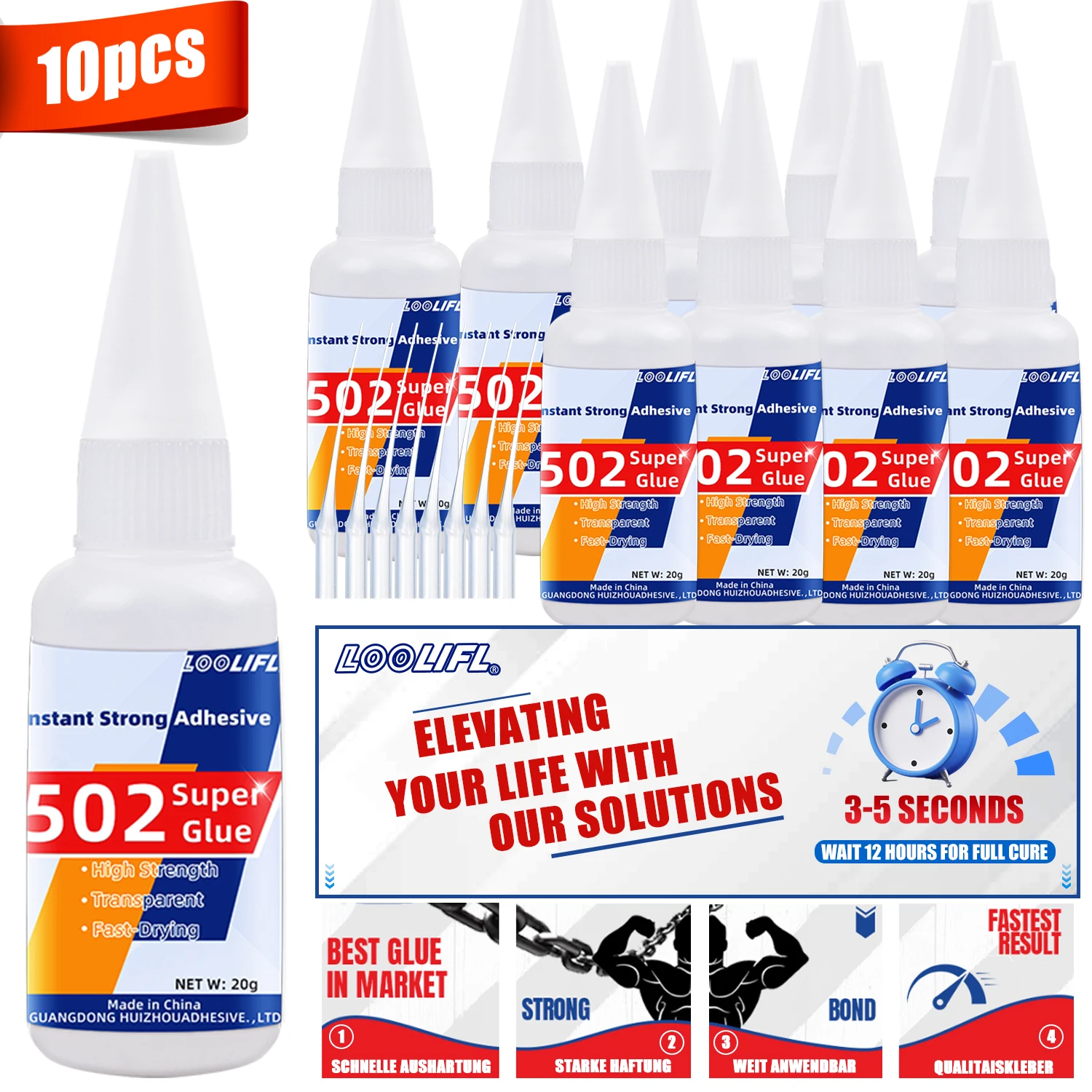 

502 Super Glue Instant Cyanoacrylate Adhesive High Strength Fast Drying for Metal Wood Plastic Ceramic Glass DIY Bonding Tool