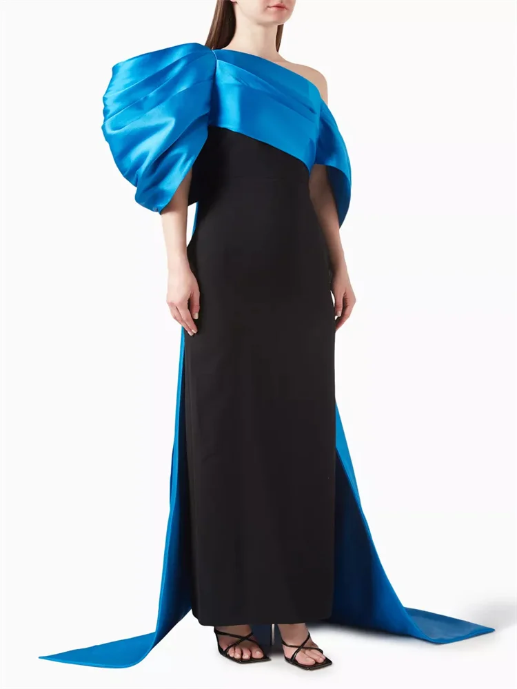 Hot Selling One-Shoulder Neckline Puff Sleeves Satin Sheath Evening Dress Elegant Open Back With Bow Floor Length Gown For Women