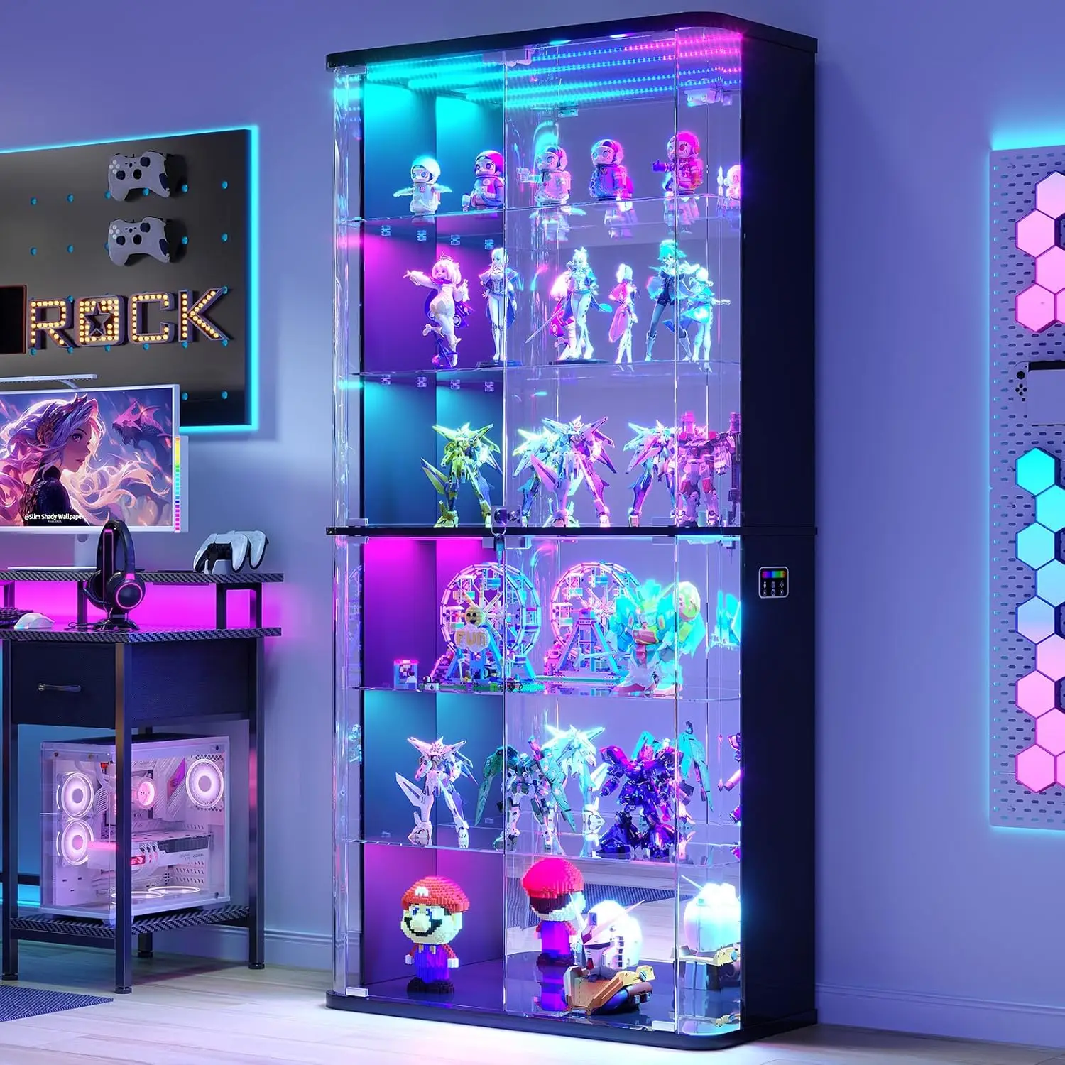 71" Tall Display Cabinet with Glass Doors RGB Motion Sensor Lights 6-Tier Lockable Collectibles Trophy Living Room , Custom