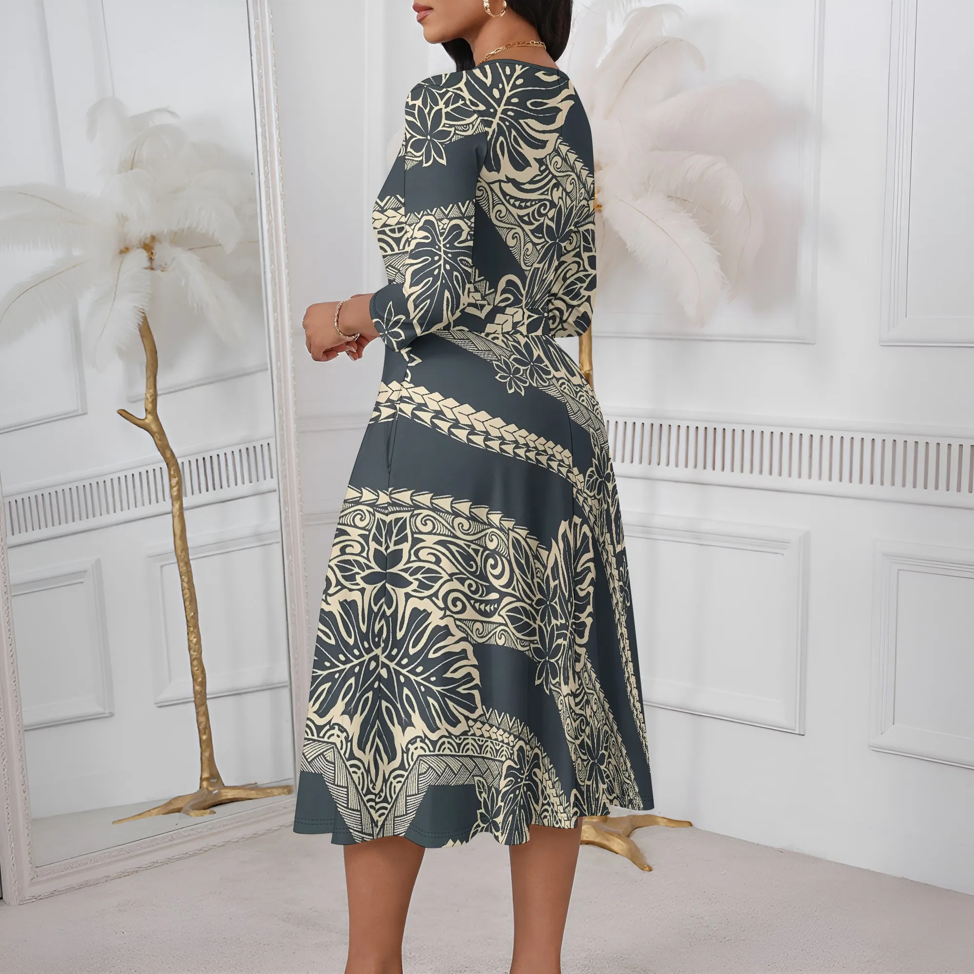 Nupusa Robe à imprimé tribal pour femme Taille régulière Robe mi-longue d'été décontractée à col en V et manches 3/4