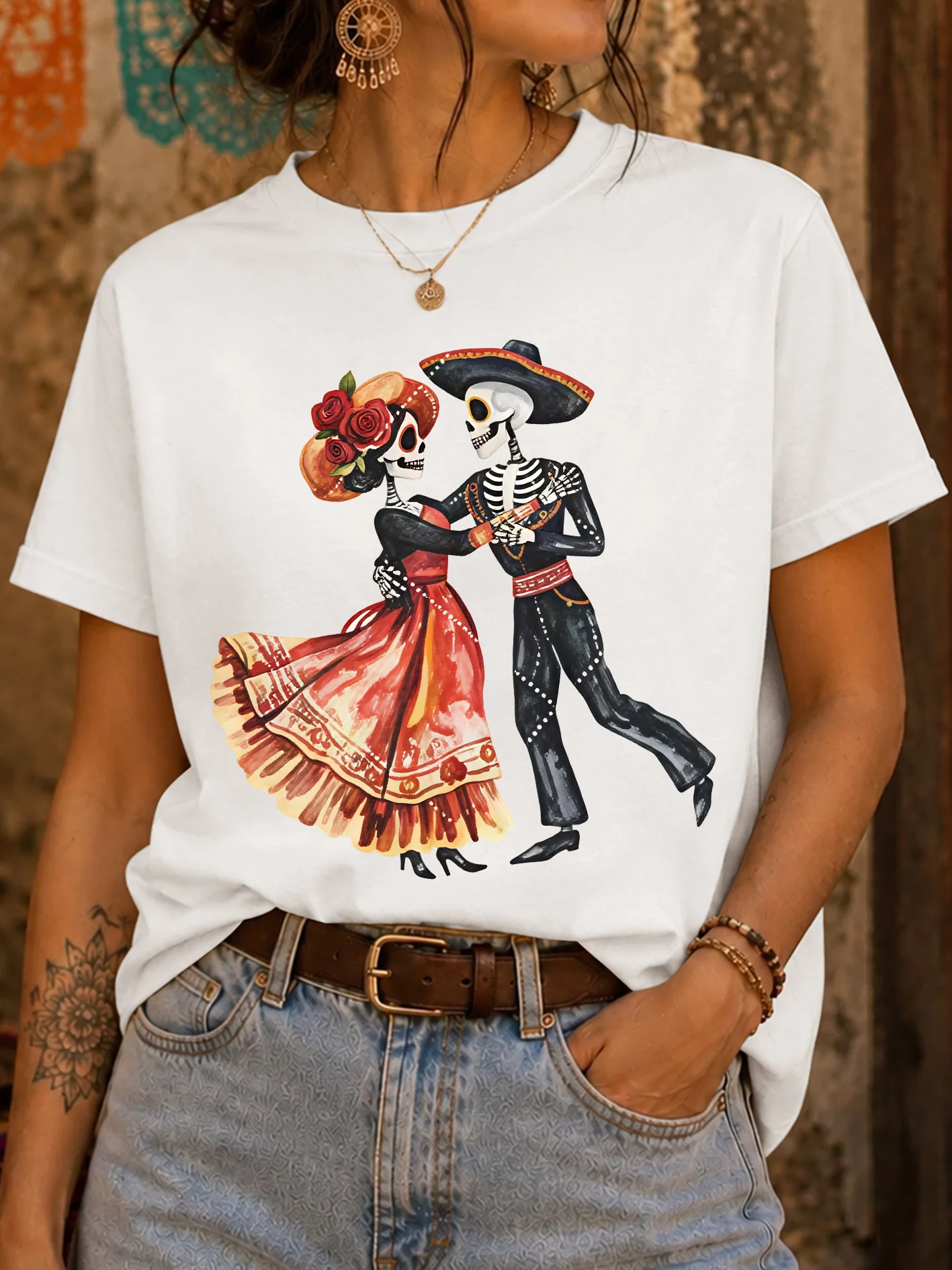 Dancing Skeleton Couple Day Of The Dead Rose Womens Crew Neck Short Sleeve T Shirt Festival Graphic Tees For Ladies Daily Wear