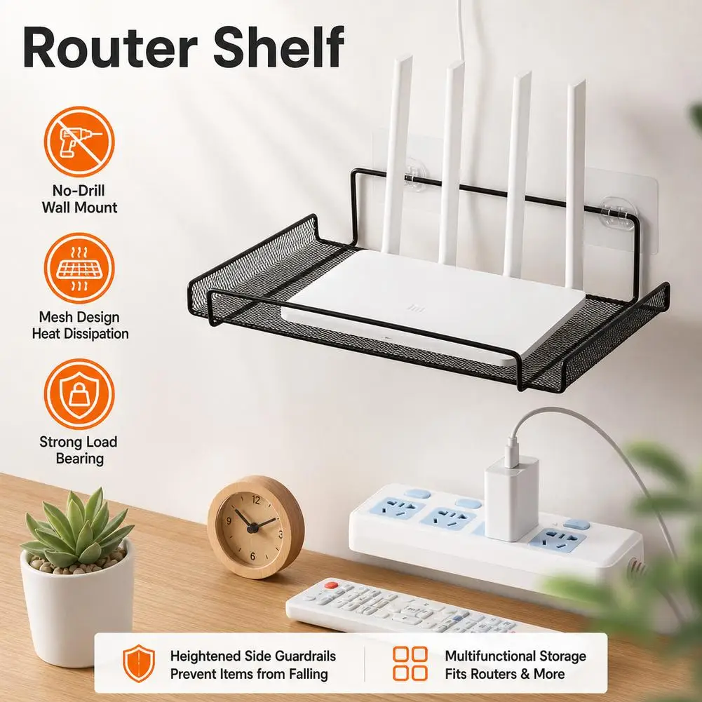 Stainless Steel Wall-Mounted Router Shelf No Drill WiFi Storage Organizer Home Bathroom Kitchen Shelf view 4
