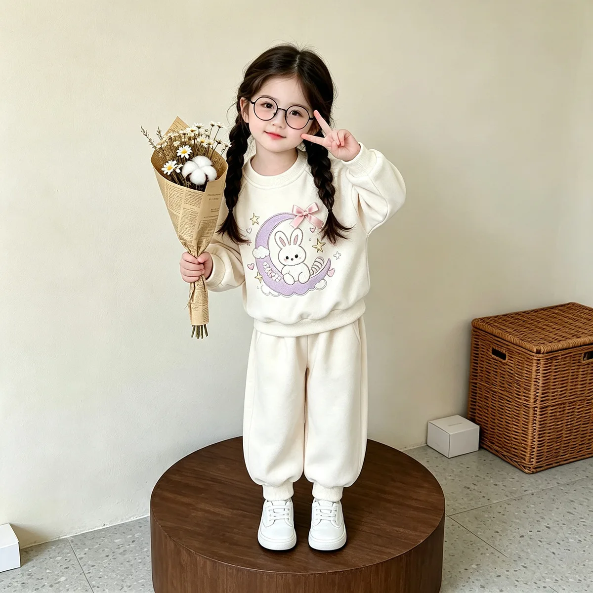 Mädchen Frühling Herbst Cartoon Sweatshirt-Set – Oberteil mit Hasen-Print & Hose mit Schleife, 2-teiliges Freizeitoutfit für Kinder – Detail 3