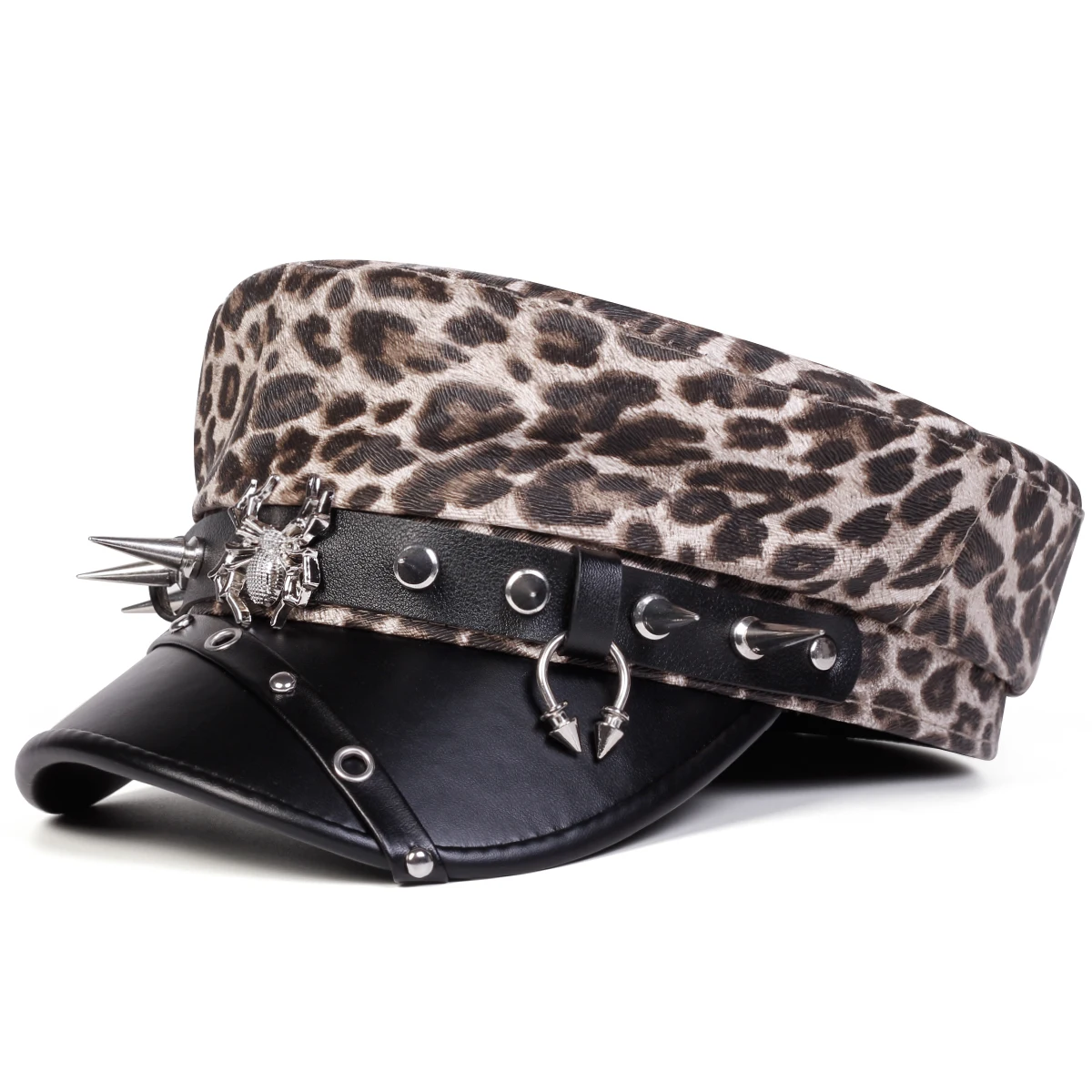Unisex Spider Rivet Leopard Print Flat Top Hat Flat Top Baseball Caps For Women Outdoor Sports Military Hats Cadet Sunscreen Hat