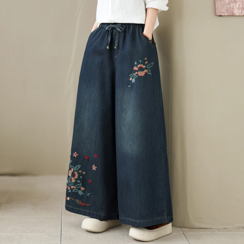 Elegant Embroidered Heavy Work Loose Wide Leg Jeans Straight Cut Casual High Waist Trousers for Women Spring Summer New Arrival