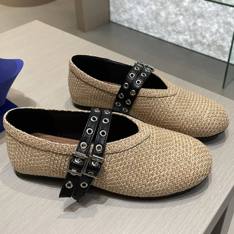 Concise Espadrille Shoes For Women Buckle Strap Round Toe Flat Shallow Female Shoes Designer New Brand Leisure Weave Ballet Shoe