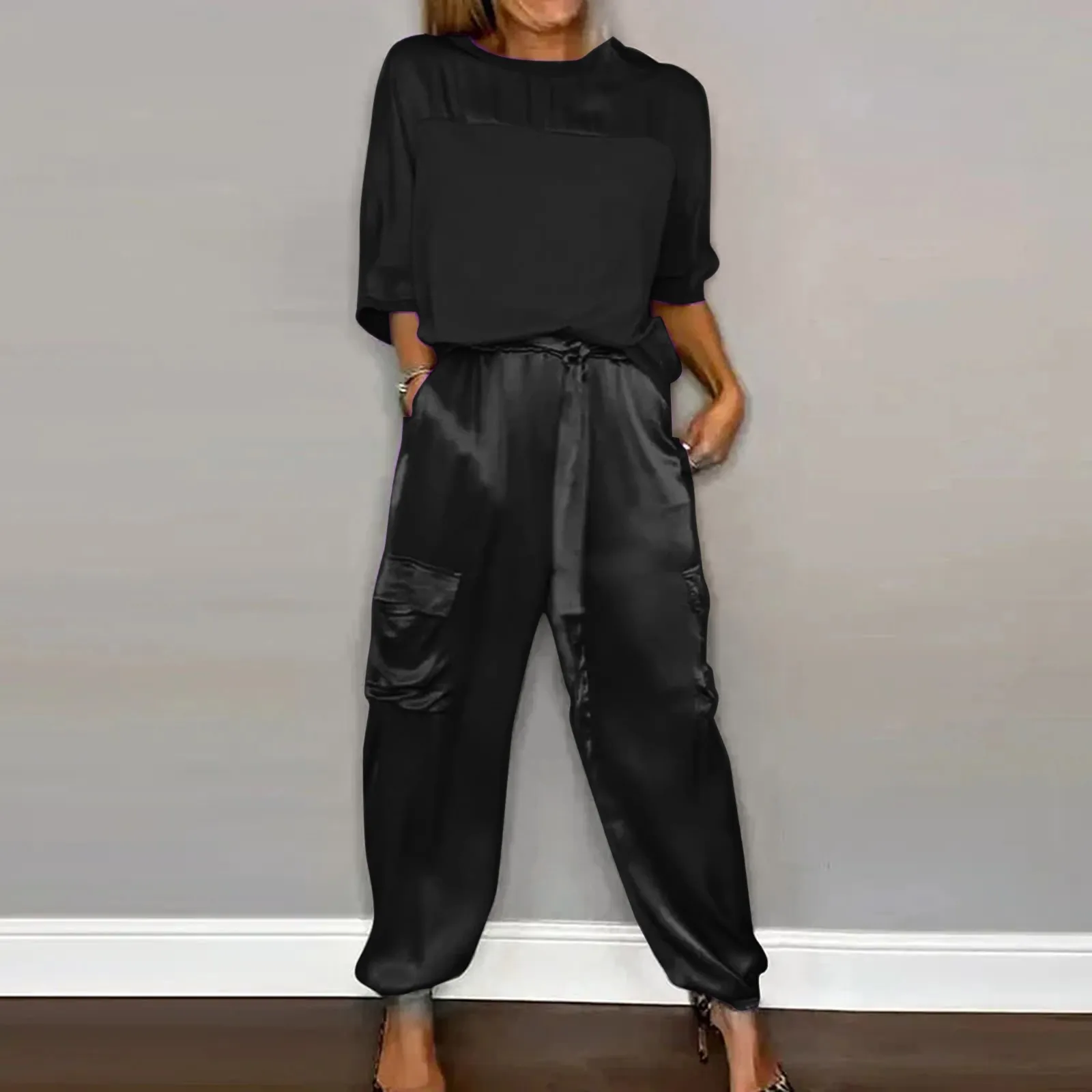 Summer Fashion Solid Satin Two Piece Set Women Round Neck Long Sleeved Top Long Pants Casual Loose Soft Female Top Trousers