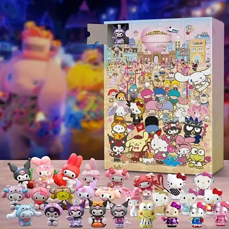 MINISO 24PCS Christmas Advent Calendar Hello Kitty Kuromi Lovely Small PVC Action Figure Countdown Toy Box Girls Birthday Gift