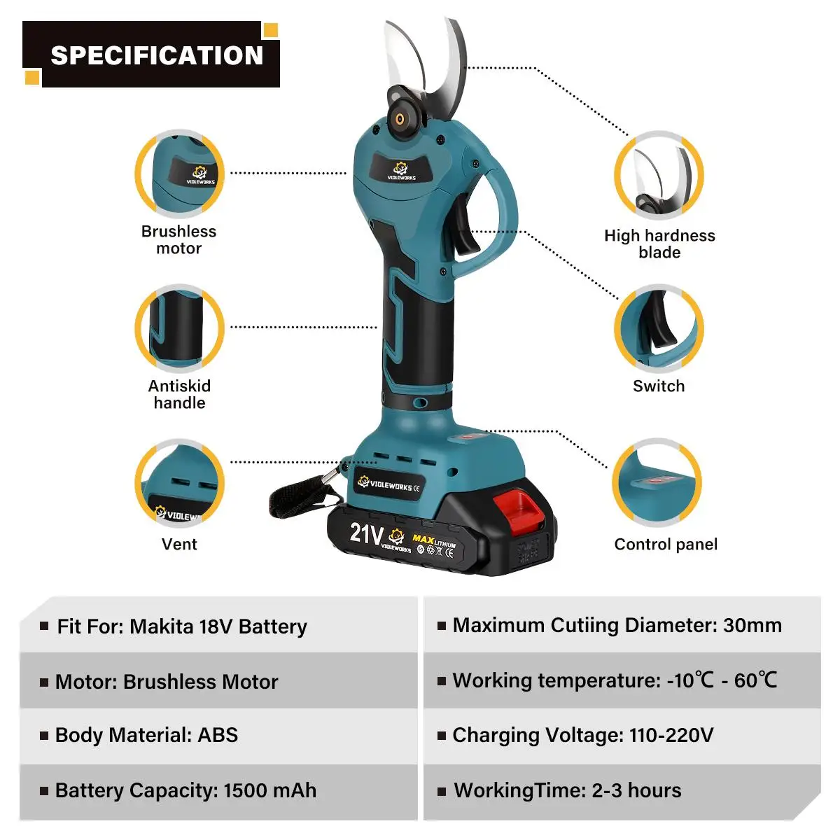 VIOLEWORKS Brushless Electric Pruner Shear 30mm Cordless Rechargeable Efficient Fruit Tree Bonsai Pruning Branches Cutter Tool