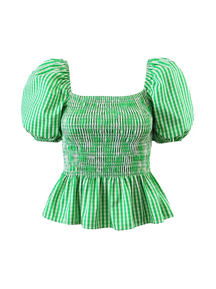 Blouses For Women 2022 Gingham Check Casual Smocked Blouse Top Peplum Elegant Square Neck Short Puff Sleeve Blouse Summer Tops