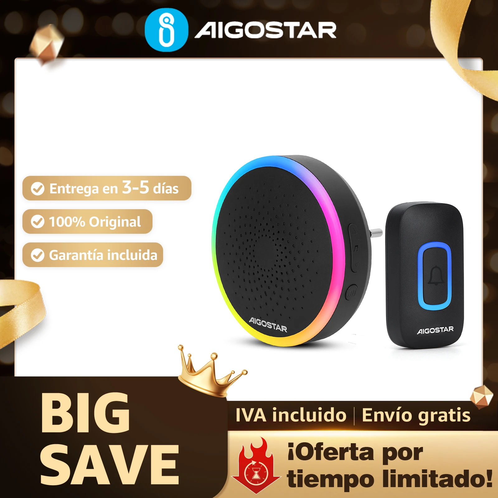 Aigostar RGB - Timbre Inalámbrico IP55, Sin Pilas, 60 Melodías, 5 Niveles de Volumen (0-120dB), Ideal para Ancianos, Casa y Ofic