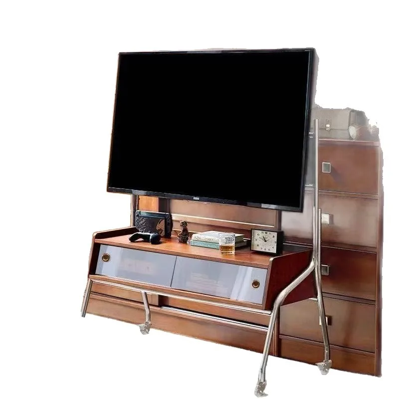 Retro mobile TV stand with wheels Stainless steel TV cabinet Floor monitor bracket