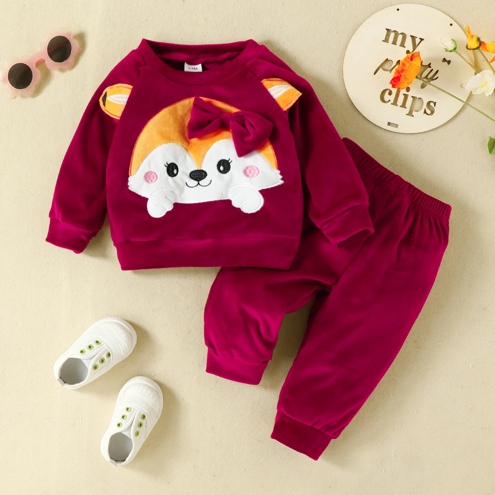 Baby Fleece Clothing Girls Cute Bow Fox Fluff Long Sleeve Pants 0-3 Years Autumn / Winter Comfortable Baby Suit